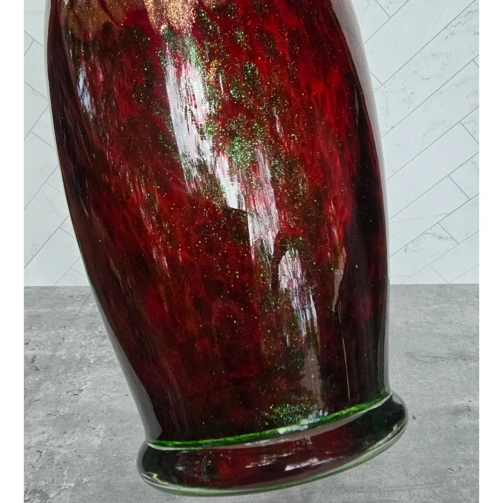 Hand Blown Double Handle Amphora Art Glass Vase Red Gold Green Aventurine 10in